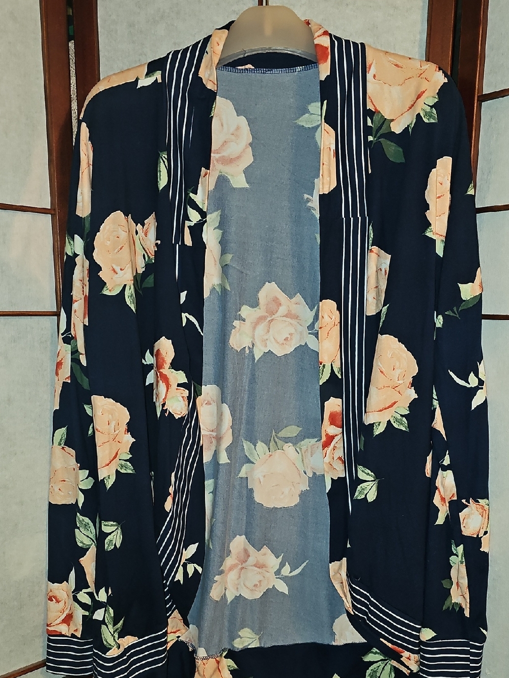 Navy Floral Open Front Cardigan with Peach Roses